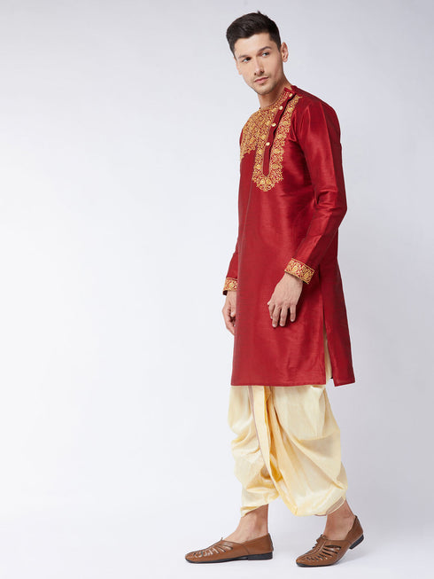 Vastramay Men's Maroon And Gold Silk Blend Kurta and Dhoti Set